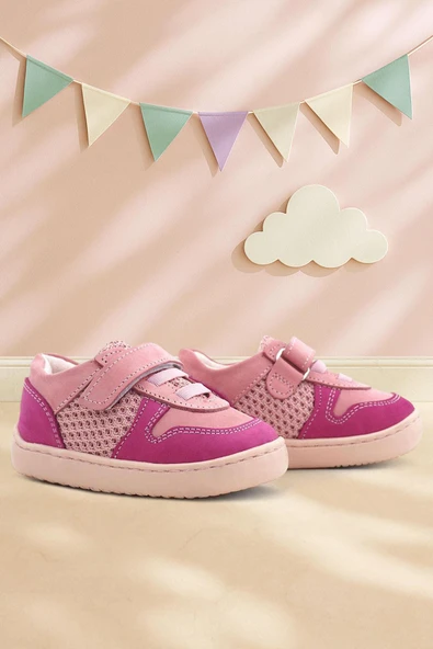 Rakerplus Bob Hakiki Deri Pembe Barefoot Cırtlı Lastikli Bebek Sneaker Ayakkabı ürün görseli 1