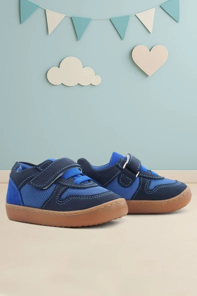 Rakerplus Bob Hakiki Deri Lacivert Mavi Barefoot Cırtlı Lastikli Bebek Sneaker Ayakkabı ürün görseli 1
