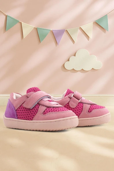 Rakerplus Bob Hakiki Deri Pembe Mor Barefoot Cırtlı Lastikli Bebek Sneaker Ayakkabı ürün görseli 1