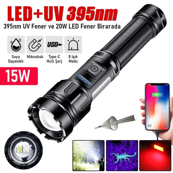 Valkyrie 15W LED + UV El Feneri 3000mAh Şarjlı 9 Mod Zoom Powerbank Özellikli Suya Dayanıklı Fener ürün görseli 1
