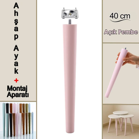 Ahşap Ayak 40 Cm Açık Pembe M8 Civatalı Bağlantı Aparatlı Mobilya Tabure Sehpa Masa Destek Ayağı ürün görseli 1