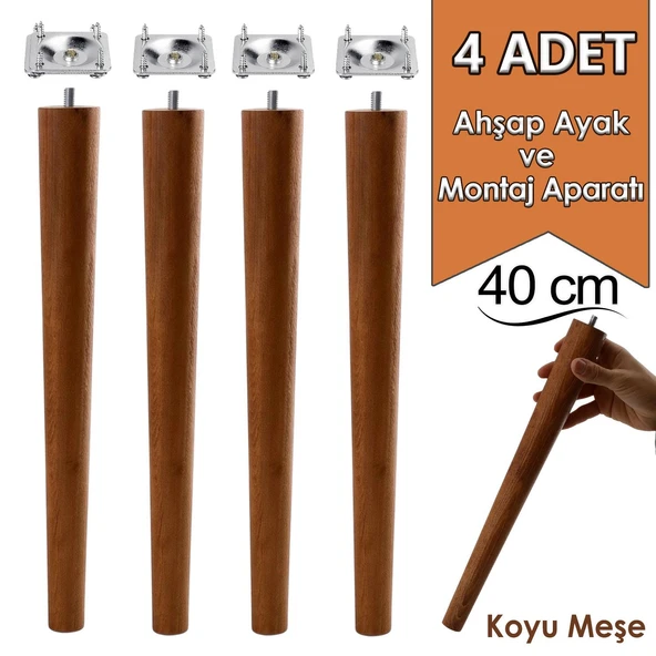4 Adet Ahşap Ayak 40 Cm Koyu Meşe M8 Civatalı Bağlantı Aparatlı Mobilya Tabure Sehpa Masa Destek Ayağı ürün görseli 1