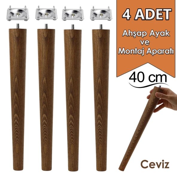4 Adet Ahşap Ayak 40 Cm Ceviz M8 Civatalı Bağlantı Aparatlı Mobilya Tabure Sehpa Masa Destek Ayağı ürün görseli 1