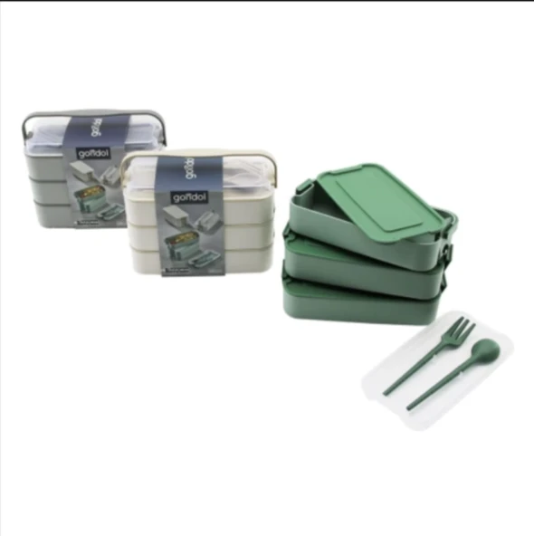 Gondol Layer G-770 Beslenme Kutusu ( 3 Katlı X 420ml & Çatal & Kaşık & Tekli Taşıma Kulp ) (Pembe, Yeşil, Krem ve Gri Renkler) ürün görseli 1
