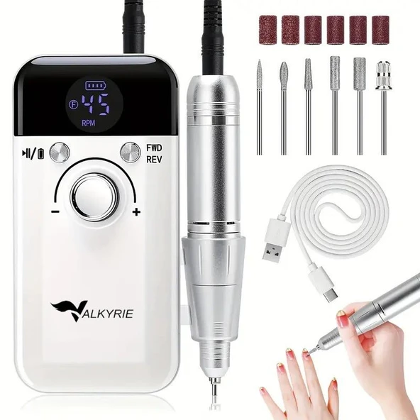 Valkyrie Profesyonel Şarjlı Tırnak Frezesi 45.000 RPM, LCD, 2000 mAh Taşınabilir Manikür Pedikür Makinesi ürün görseli 1