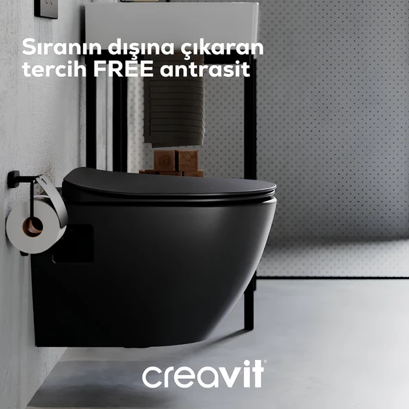 Creavit Free Kanallı Mat Antrasit Asma Klozet FE320-00AM00E, Creavit Duck Duroplast Yavaş Kapak ürün görseli 1