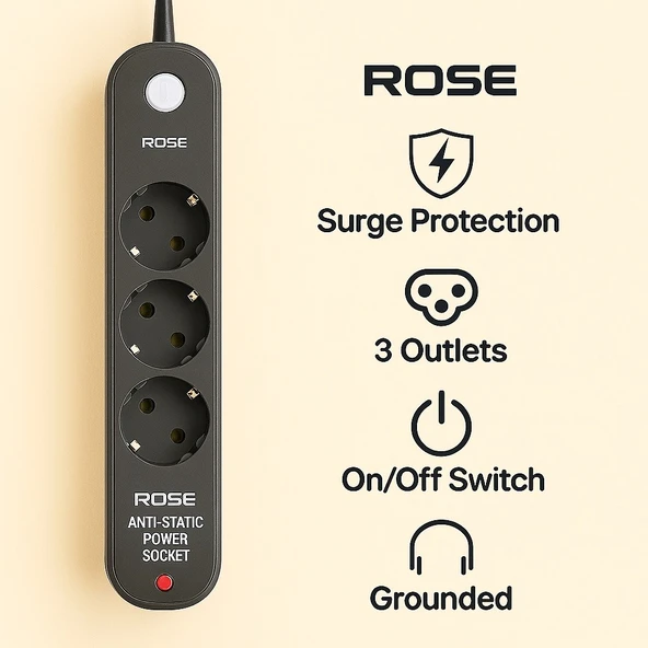 Rose 3'lü Akım Korumalı Priz Topraklamalı ve Çocuk Korumalı Anahtarlı Anti-Statik 3m ürün görseli 1