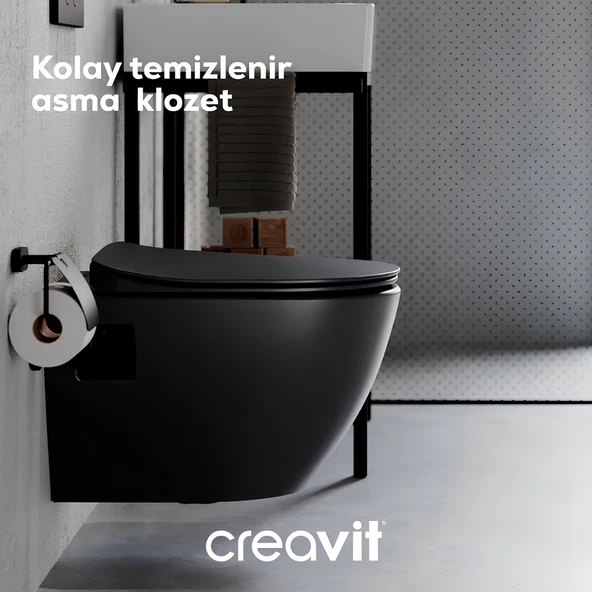 Creavit Free Kanallı Mat Siyah Asma Klozet FE320-00SM00E, Creavit Duck Duroplast Yavaş Kapak ürün görseli 1
