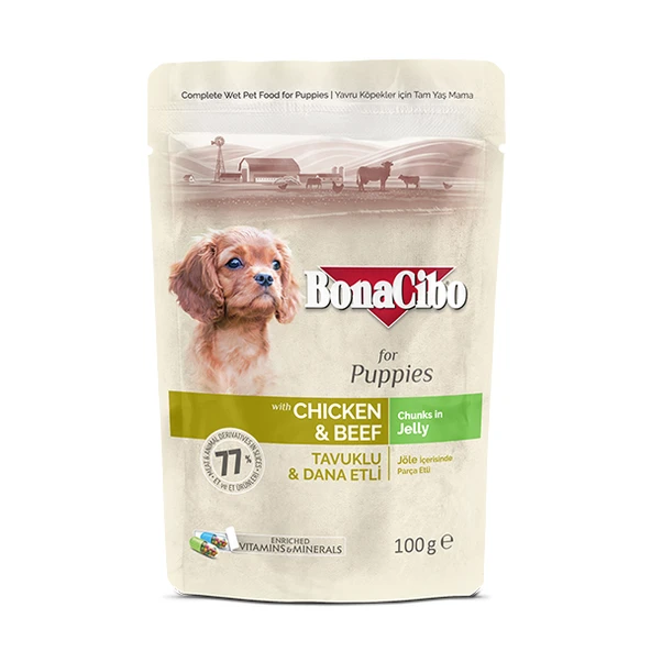 BonaCibo Jelly Tavuklu & Dana Etli Pouch Yavru Köpek Maması 12 x 100 GR ürün görseli 1