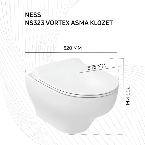 Creavit Ness Vortex Beyaz Asma Klozet NS323, Creavit Ness Duroplast Yavaş Kapak KC3403.01 ürün görseli 1