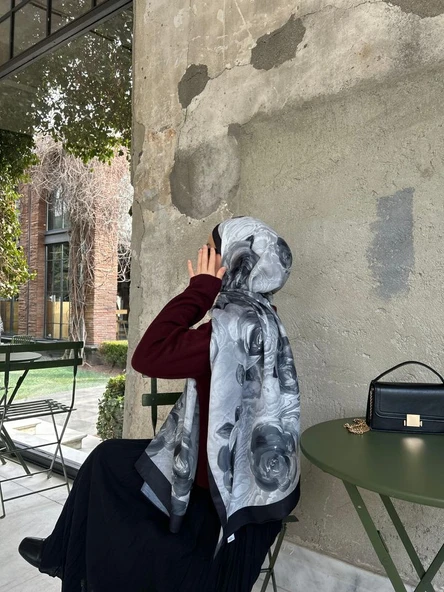Pamuklu Rose Desen Şal- Siyah/Antrasit - Resim 4