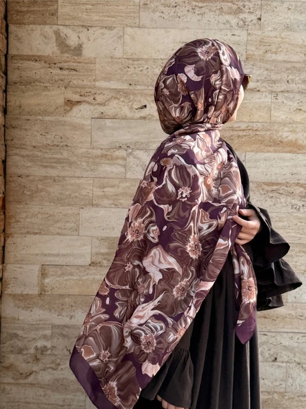 Pamuklu Mimoza Desen Şal- Mürdüm - Resim 4