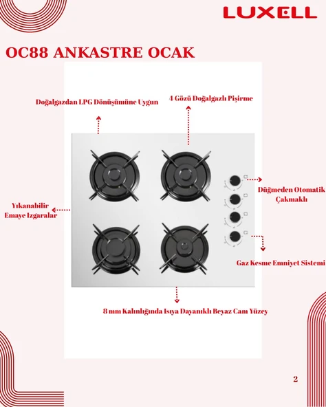 Luxell 88 Lt Plus Beyaz Cam Ankastre Set - Resim 5
