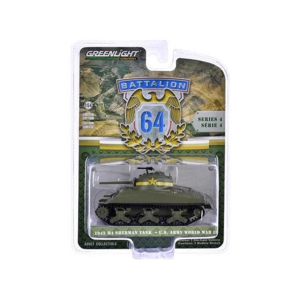 PARAPLY Greenlight 1/64 Battalion 64 Series 4- 1943 M4 Sherman Tank US Army World War II Kız Erkek Çocuk Oyu ürün görseli 1