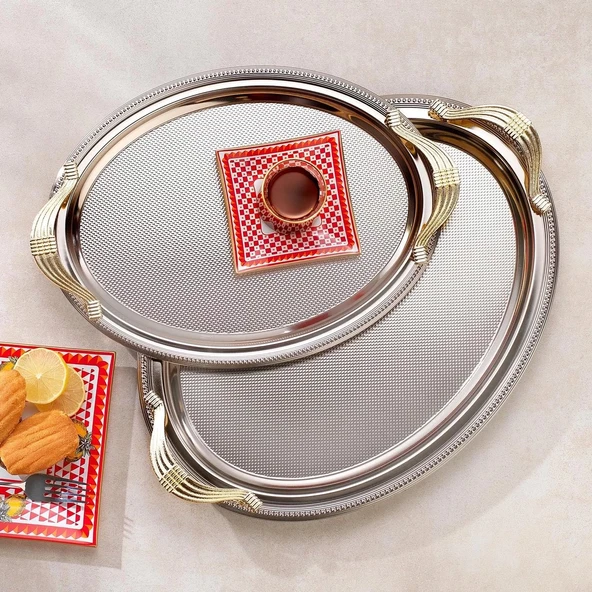 Schafer Ela 2 li Oval Çay Tepsisi-Platin01 ürün görseli 1