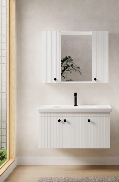 Denko Bodur 100 cm MDF Beyaz Banyo Dolabı Takımı ürün görseli 1