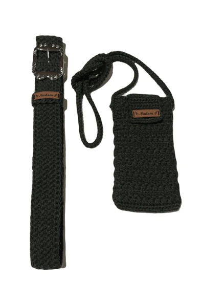 2'li Çanta Kemer Seti Haki Renk Makrome Minibag Çıtçıtlı Askılı Çanta Metal Tokalı Geniş Kemer ürün görseli 1