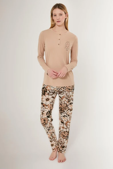 Arnetta Premium Kadın Pamuklu Uzun Kollu Rahat Kalıp Desenli Pijama Takım ürün görseli 1
