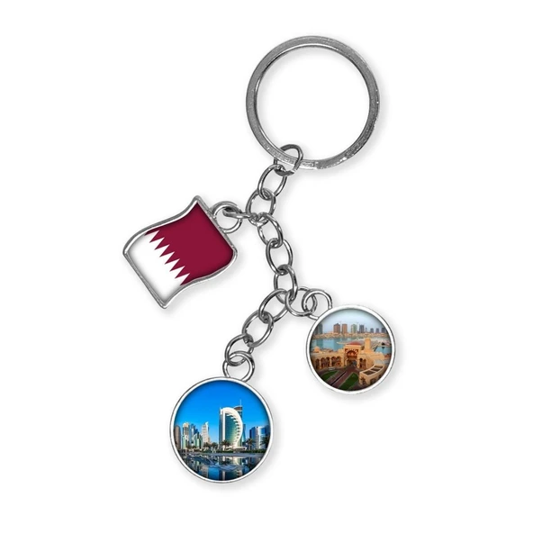 Katar Üçlü Epoksi Metal Çift Taraflı Damla Anahtarlık Qatar ürün görseli 1