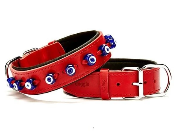 Doggie Comfort Deri Nazar Boncuklu Köpek Boyun Tasması Small Kırmızı 4x47-55 Cm ürün görseli 1