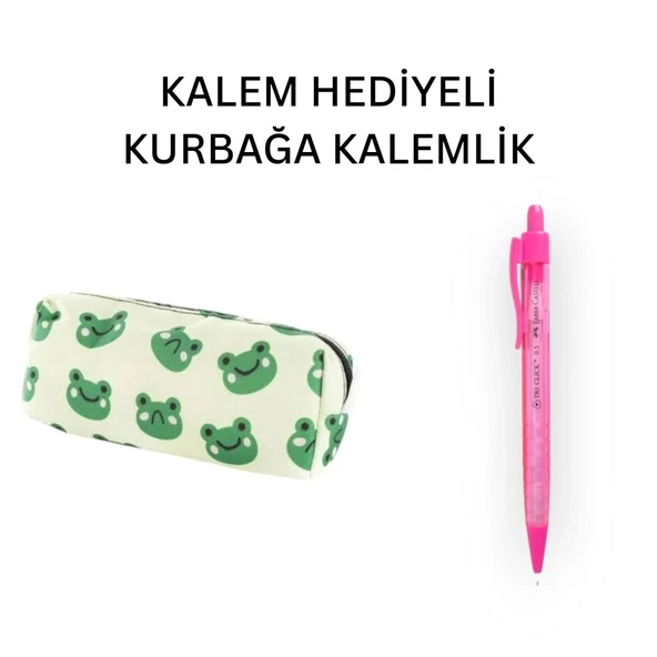 Yeşil Kurbağa Tatlı Kalemlik - Okul Kalemliği-Makyaj Çantası ve Hediye Pembe Uçlu Kalem ürün görseli 1