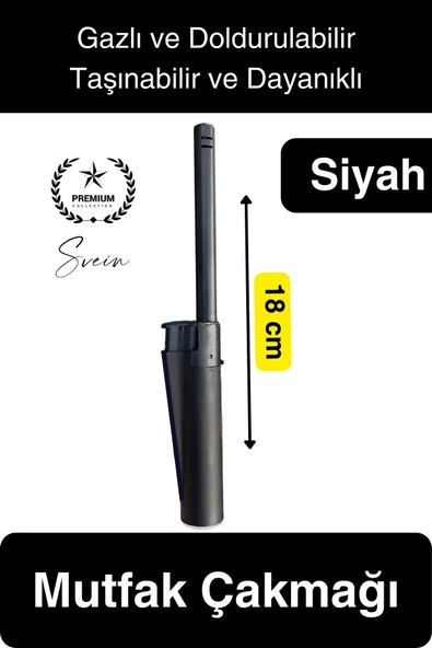 Premium 18 cm Siyah Basmalı Uzun Mutfak Çakmağı Gazlı Doldurulabilir Mum Mangal Kamp İçin Ateş ürün görseli 1