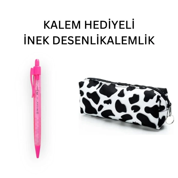 İnek Desen Kalemlik - Okul Kalemliği-Makyaj Çantası ve Hediye Pembe Uçlu Kalem ürün görseli 1