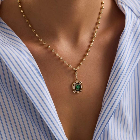 14 Ayar Özel Tasarım Yeşil Taşlı Kolye Ball Chain ürün görseli 1