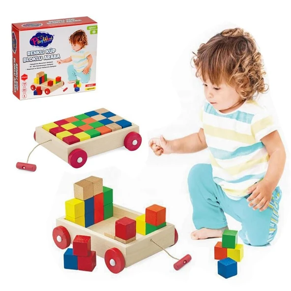 TOYZ DÜKKANIM Renkli Küp Bloklu Kutulu Ahşap Çekçek Araba Kız Erkek Çocuk Oyuncak Eğitici Oyuncaklar ürün görseli 1