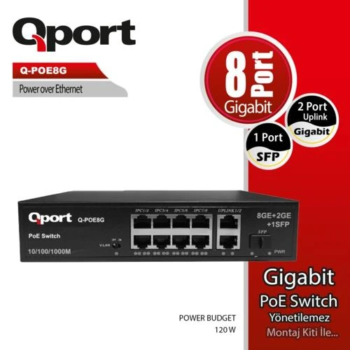 TP-LINK QPORT Q-POE8G 8 PORT GIGABIT + 2 PORT GIGABIT UPLI ürün görseli 1