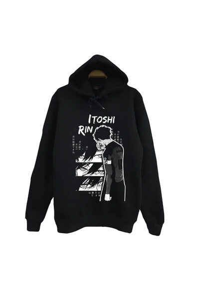 fame-stoned Blue Lock, Rin İtoshi Anime Baskılı Unisex %100 Pamuk Siyah Kapüşonlu Sweatshirt ürün görseli 1