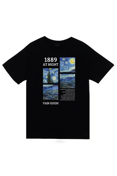 fame-stoned Vincent Van Gogh Baskılı Unisex %100 Pamuk Siyah T-shirt ürün görseli 1