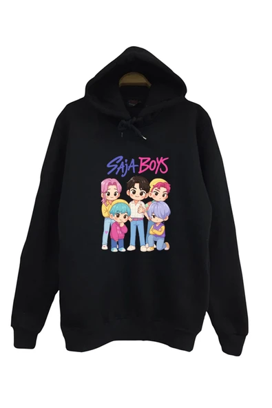 fame-stoned K-Pop Demon Hunters – Saja Boys Baby Saja Baskılı Unisex %100 Pamuk Kapüşonlu Siyah Sweatshirt ürün görseli 1