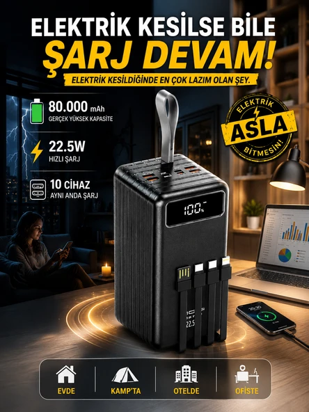 ÇELİKWORK 80000mAh 22.5W Hızlı Şarj LCD Gösterge Dahili Lightning Type-C Micro Kablolu 7 Portlu Powerbank ürün görseli 1