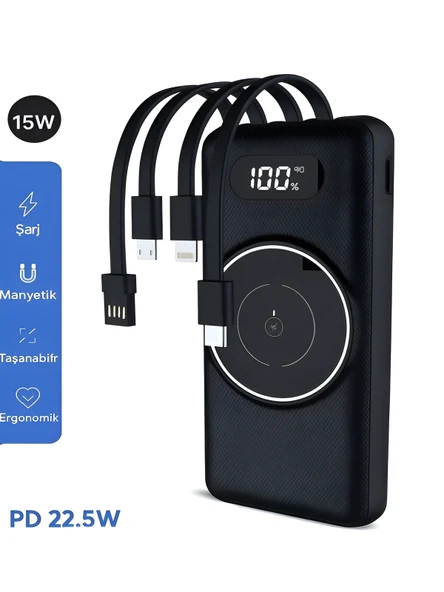 ÇELİKWORK 10000mAh PD Kablolu 22.5W Kablosuz Wireless 15W Dahili USB Micro TYPE-C iPhone Powerbank ürün görseli 1