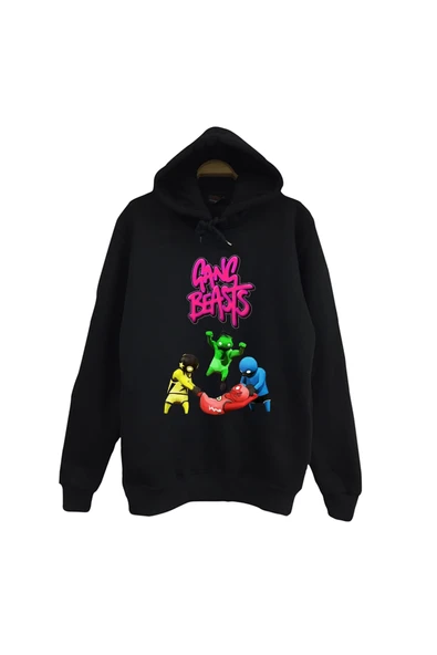 fame-stoned Gang Beasts – Oyun Baskılı Unisex %100 Pamuk Siyah Kapüşonlu Sweatshirt ürün görseli 1