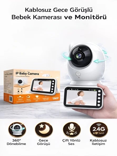DEANB Full HD Bebek Kamerası 2.4 GHz Wireless 360 Dönen PTZ Gece Görüş Monitörlü Interkom Özellikli ürün görseli 1