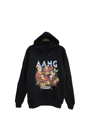 fame-stoned Avatar The Last Airbender Aang Baskılı %100 Pamuk Unisex Siyah Kapüşonlu Sweatshirt ürün görseli 1