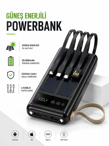 ÇELİKWORK 30000mAh Güneş Enerjili Powerbank 2 USB Type-C Lightning Mikro Kablolu LED Fenerli Taşınabilir Şarj Cihazı ürün görseli 1