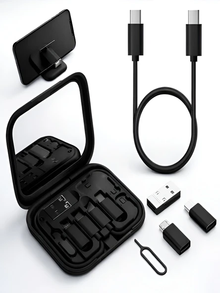 çelikwork inspiring technology Aynalı, Standlı 8-in-1 Çok Işlevli Seyahat Seti - Type-c, Usb, Micro, Lightning Port Çevirici ürün görseli 1