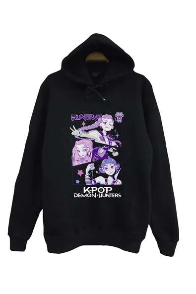 fame-stoned K-Pop Demon Hunters Baskılı Unisex %100 Pamuk Kapüşonlu Siyah Sweatshirt ürün görseli 1