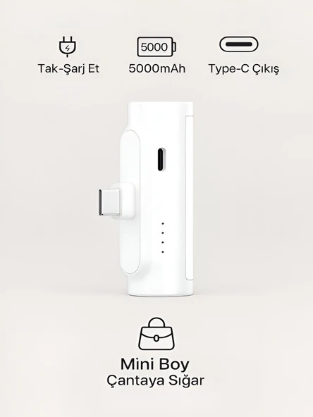 ÇELİKWORK Pwq93 5000mah Elektronik Beyaz Taşınabilir Batarya Powerbank Type-c Telefon Mini Şarj Aleti ürün görseli 1
