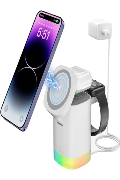 ÇELİKWORK Aw013 Kablosuz Rgb Şarj Istasyonu, 15w Manyetik 3'ü 1 Arada Hızlı Kablosuz Şarj Cihazı Standı ürün görseli 1