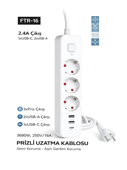 ÇELİKWORK FTR/16 3680W 16A 3 Priz, 2 USB, 1 Type-C, 1.8 Metre Akım Korumalı Priz ürün görseli 1