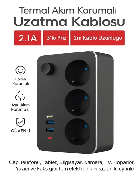 ÇELİKWORK Elektrik Sigortalı Akım Korumalı 2-usb 1-pd Type-c 3'lü Priz 2 Metre Kablo Anahtarlı Termal Korumalı ürün görseli 1