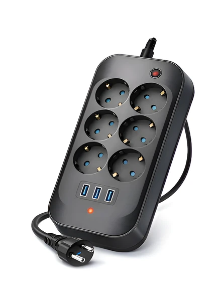 ÇELİKWORK FTR11 3xUSB 6xSOKET Termal Akım Korumalı 2 Metre Uzatma Kablolu Anahtarlı Çoklu Priz ürün görseli 1