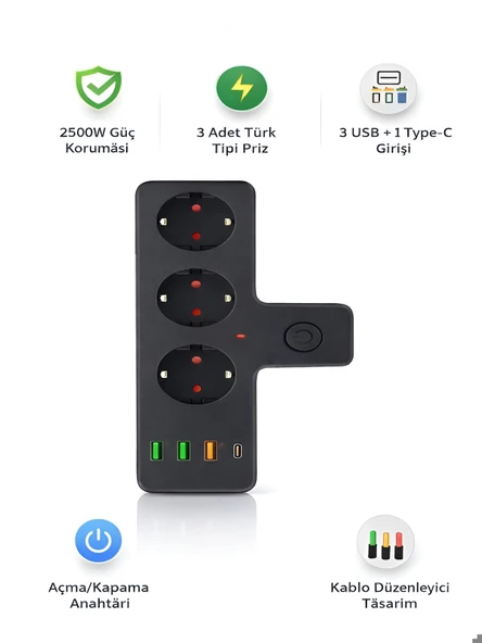 çelikwork inspiring technology 2500w 3 Lü Priz Kablosuz 3xusb 1xtype-c Bakır Iletken Çocuk Akım Korumalı Çoklu Üçlü Priz ürün görseli 1