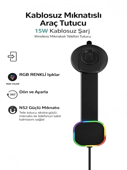 DEANB Fhd15 360 Kablosuz 15w Şarj Mıknatıslı Torpido Için Tutacak Rgb Işıklı Araç Içi Telefon Tutucu ürün görseli 1