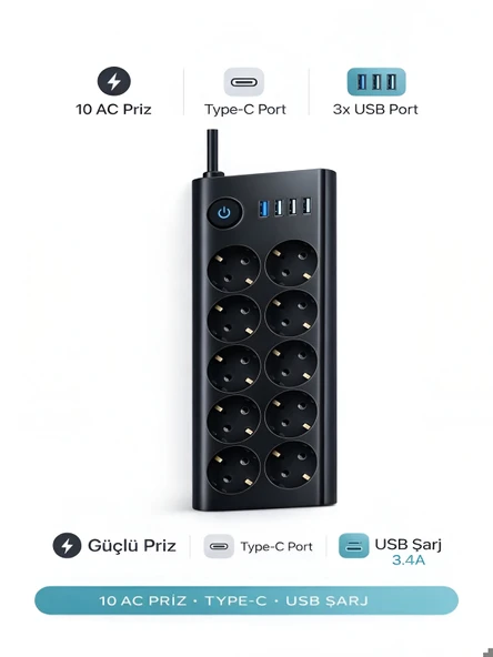 ÇELİKWORK 10'lu PRİZ, 3 USB, 3.4 Amper, 1 Type-C Girişli 16A Akım Korumalı Uzatma Kablolu Priz Çoklayıcı ürün görseli 1