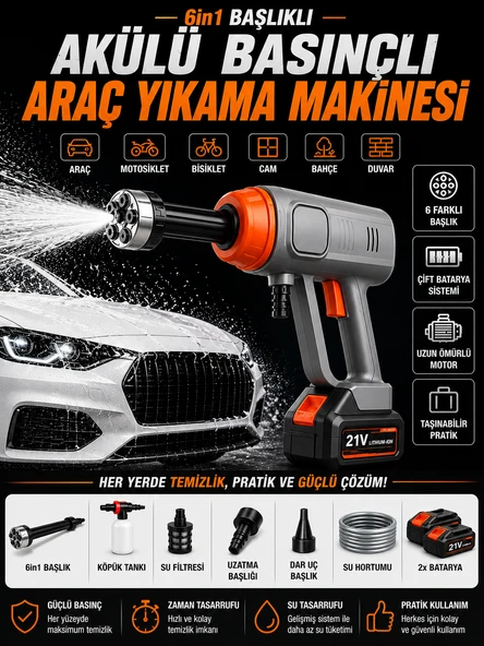 21V Şarjlı Araba Yıkama Makinesi 335PSI 18000RPM Çift Batarya 25000mAh Araç Tazyikli Su Pompası ürün görseli 1